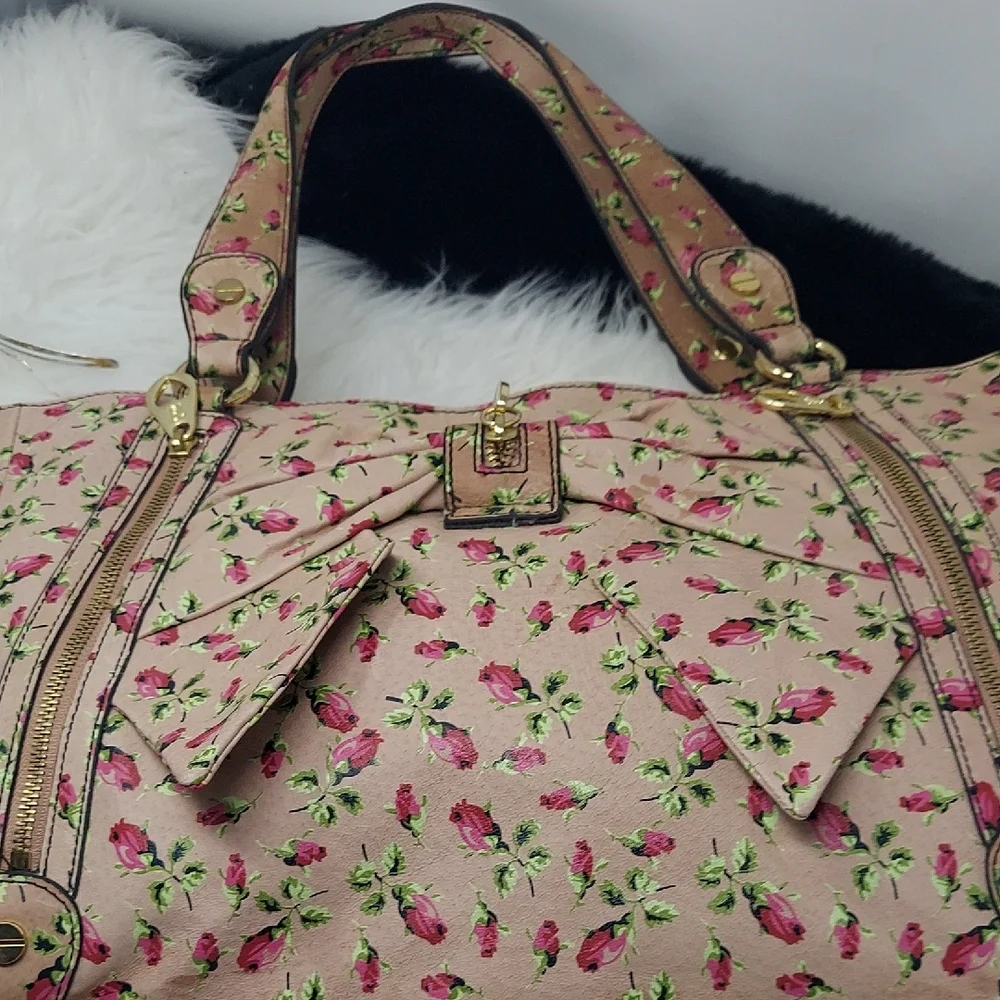 Betsey Johnson Beige Floral Tote with Pink Roses and Green Leaves
